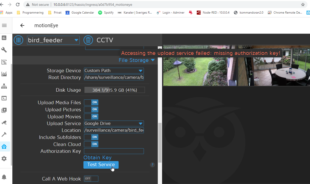 Home Assistant Community Addon motionEye, authorization key for G