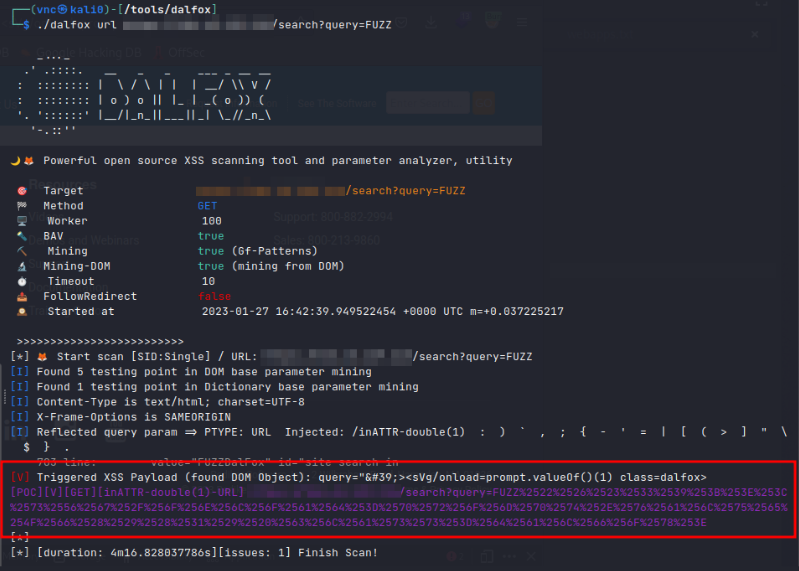 Figure 4 Running XXS Finder tool called Dalfox