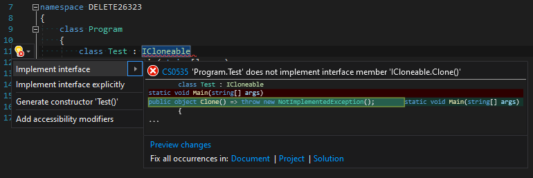 Implement interface quick fix does not add class brackets for nested ...