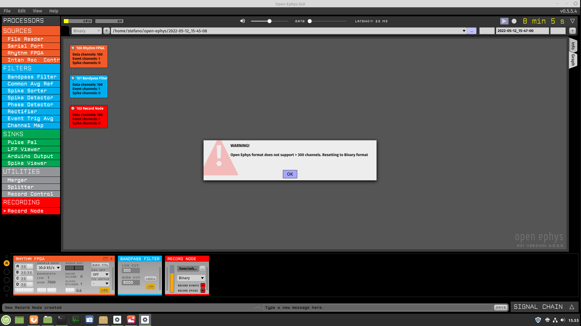 Open Ephys gui 0.5.5.4: Cannot record from more than 128 channels at a ...