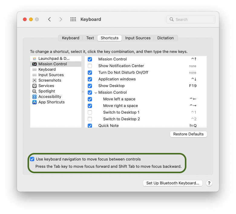 Screen Shot of macOS keyboard settings showing the shortcuts tab