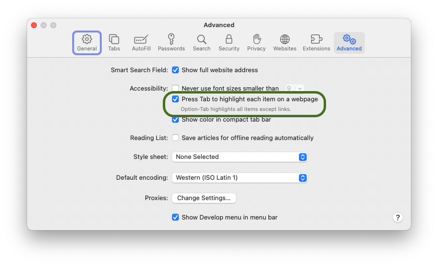 Screen Shot of macOS Safari advanced preferences