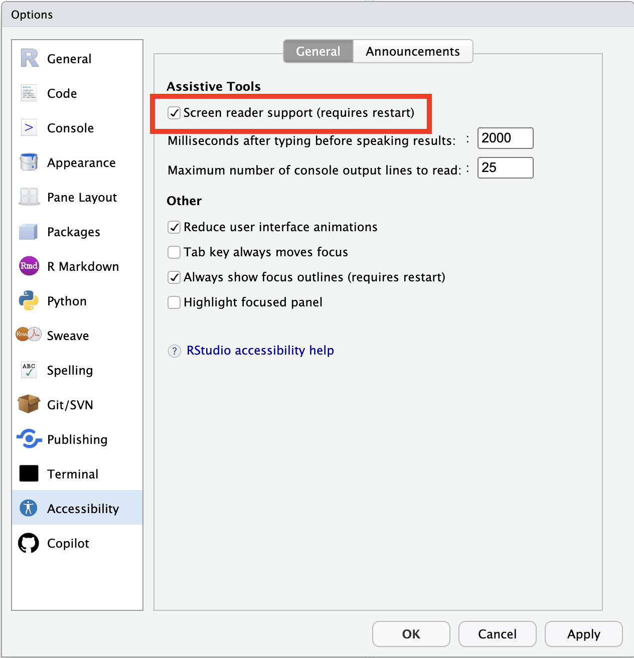 Regression cannot enable screen reader mode · Issue 13710 · rstudio