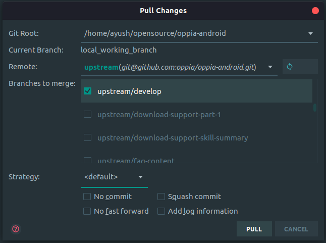 "Pull Changes" dialog box in Android Studio