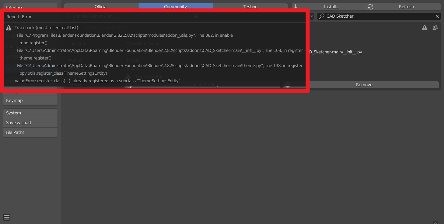 First time Running Failed BUG · Issue #133 · hlorus/CAD_Sketcher · GitHub