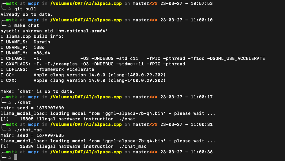 ScreenShot alpaca cpp — mstk@mcpr — AI:alpaca cpp — -zsh — 110×50 2023-03-27 11-01-19