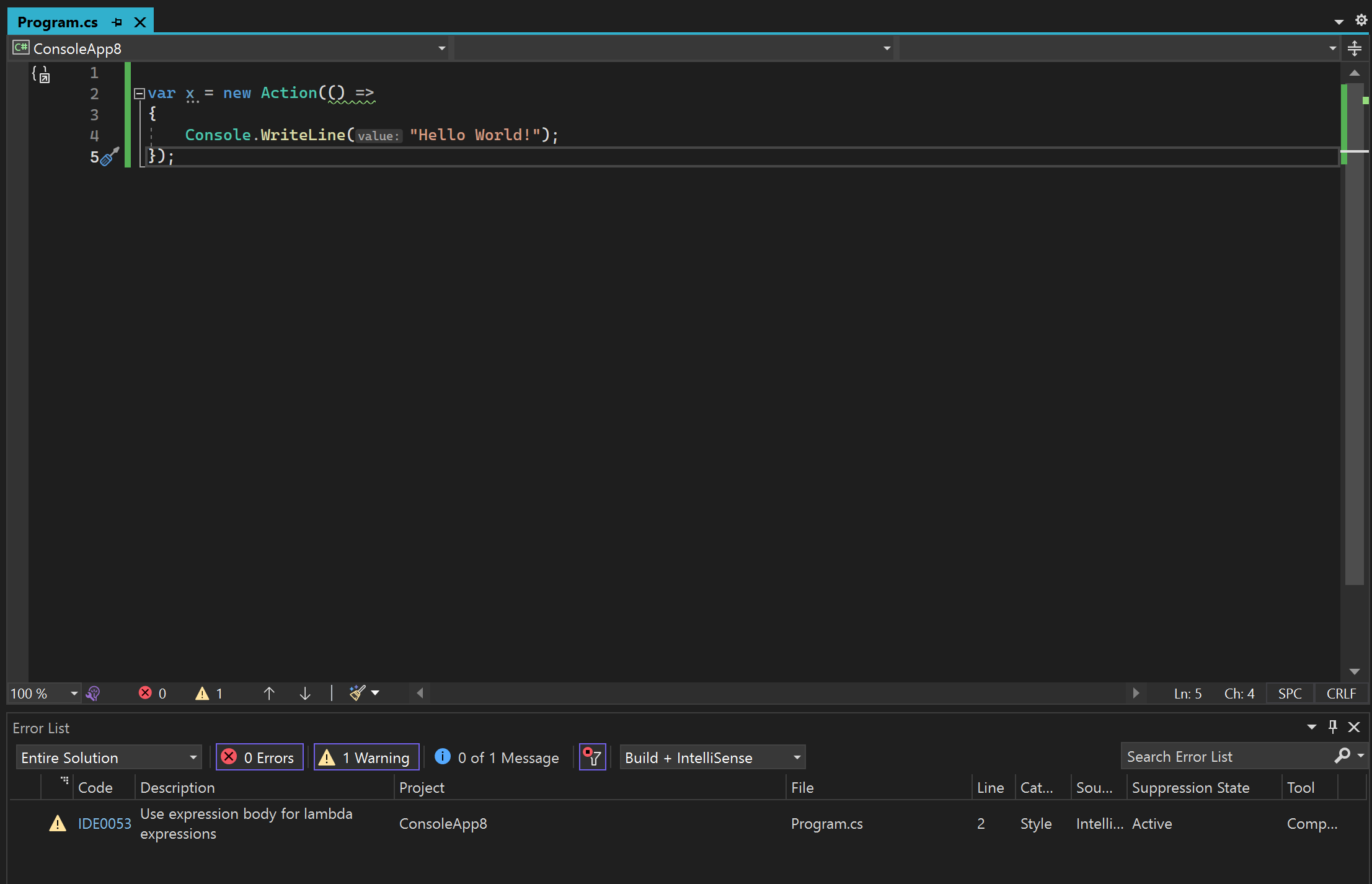 IDE0053 (Use expression body for lambda expressions) is being reported ...
