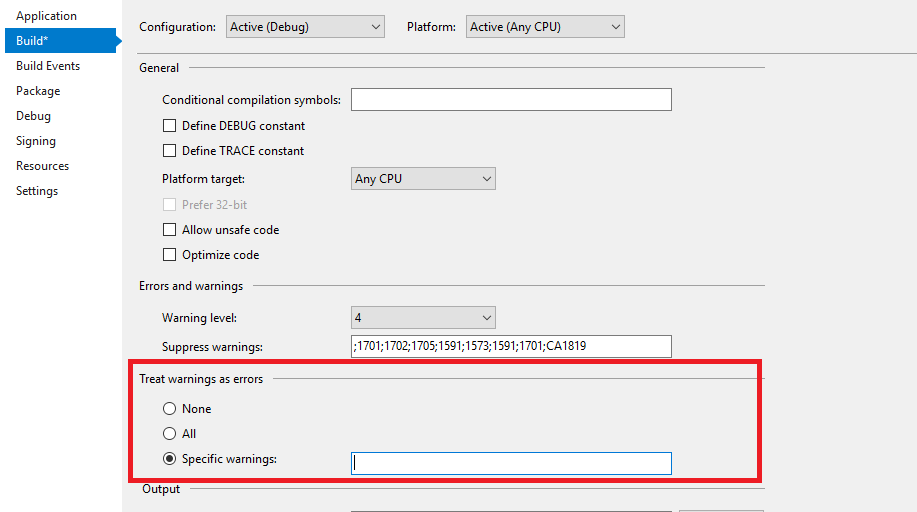 In Roslyn have TreatWarningsAsErrors enabled for compilation but not ...