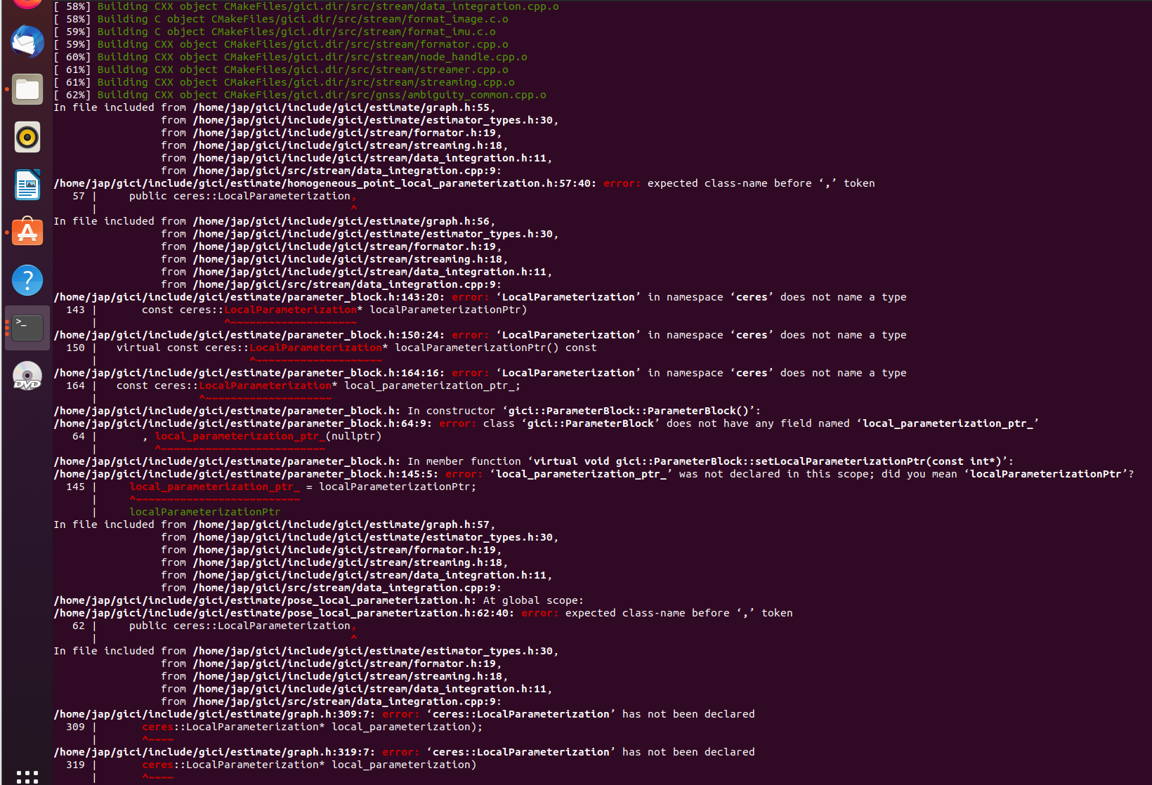 error ‘LocalParameterization’ in namespace ‘ceres’ does not name a