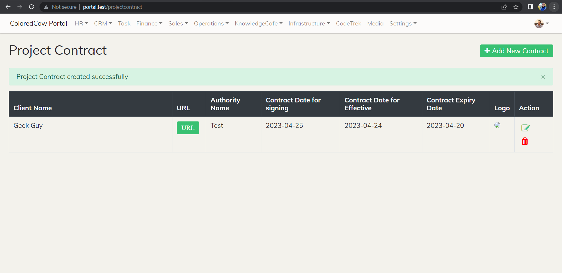 Add toast message when we create a contract on project contract page