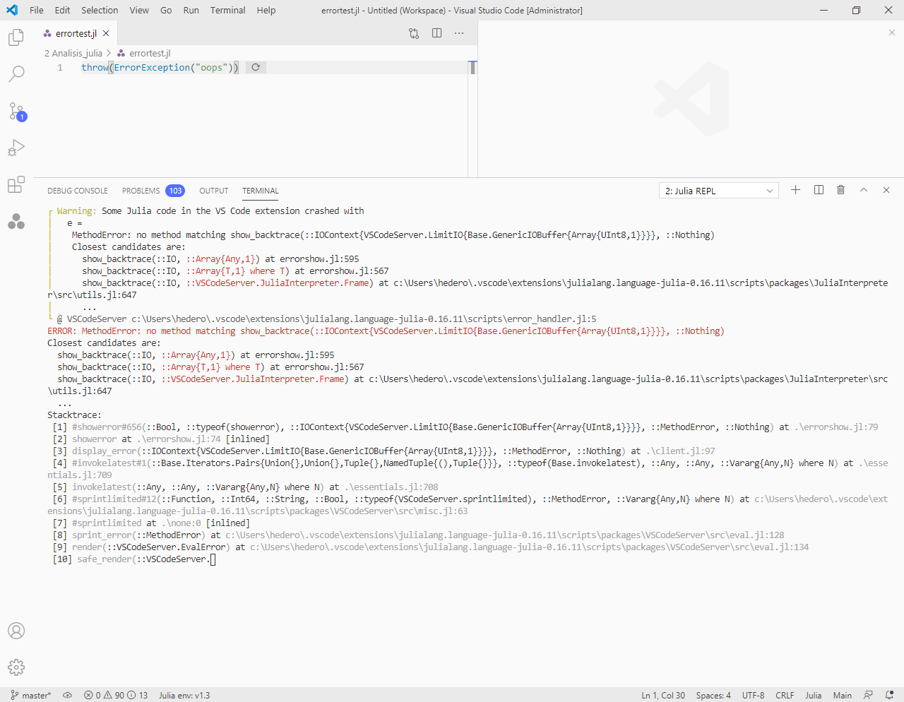 Crash at errors in inline evaluation · Issue #1441 · julia-vscode/julia ...