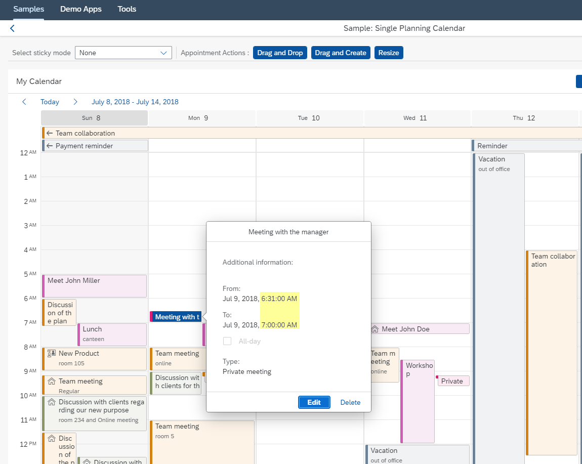 sap.m.SinglePlanningCalendar displays appointments sequence on