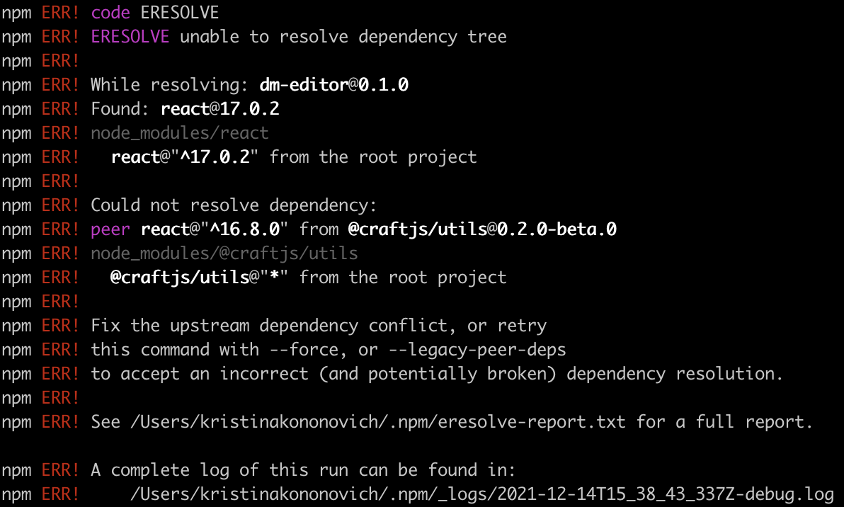 Conflicting peer dependency of core is react 16, but it requires 17 ...