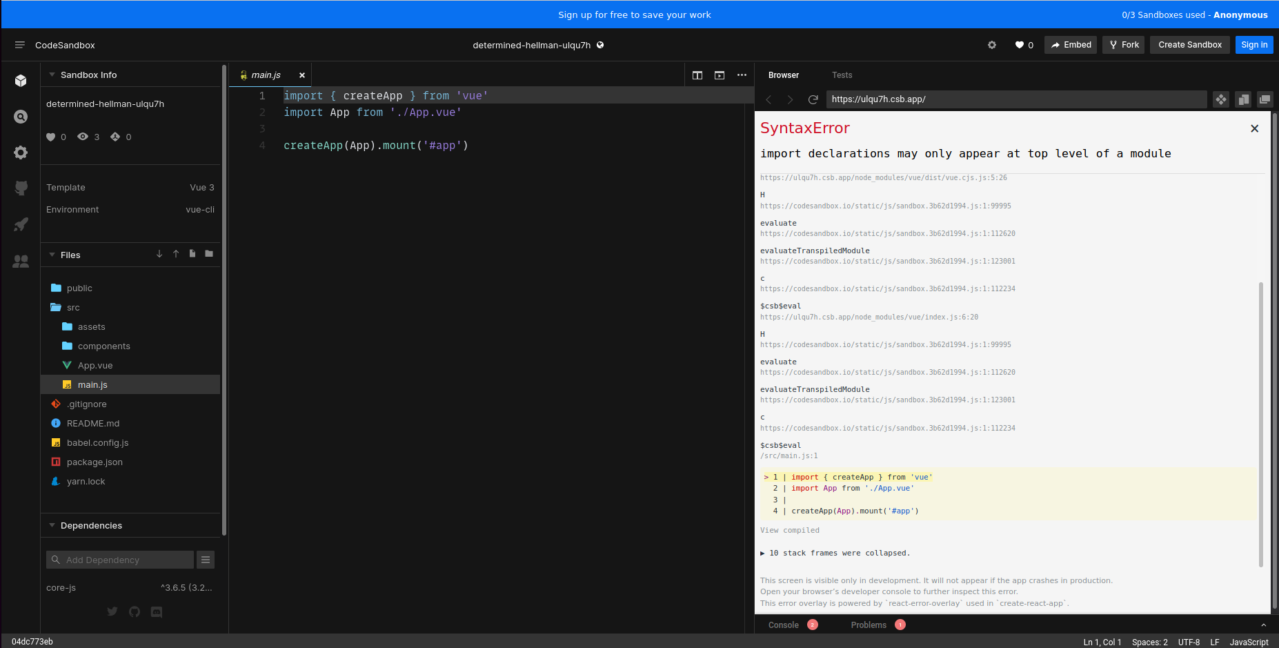 Undeterministic Error opening Vue 3 Sandbox template on Firefox 98 ...