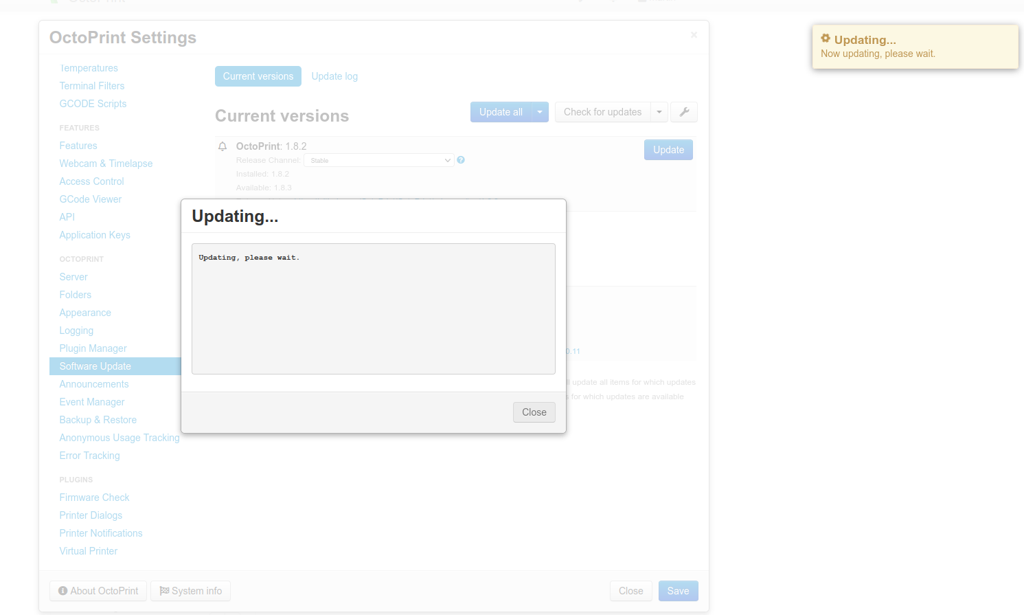 OctoPrint failed to update from 1.8.2 to 1.8.3 using builtin update