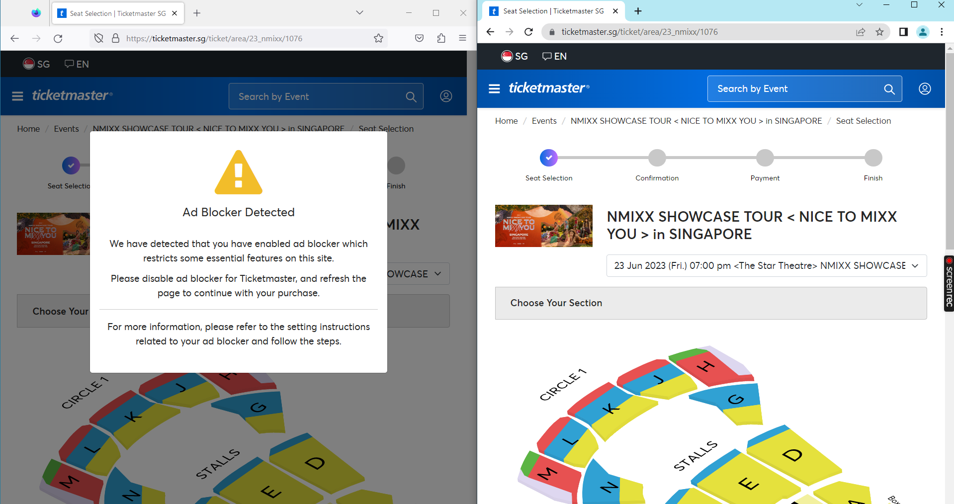 ticketmaster.sg Unable to access the page, detected as having ad