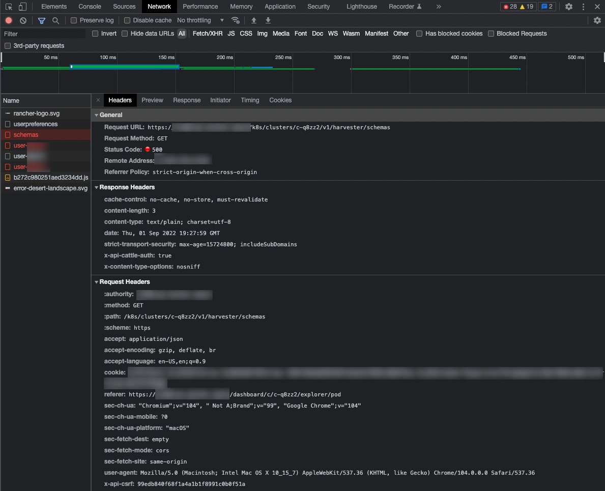 Trying to view pod explorer page returns 500 error from Harvester call