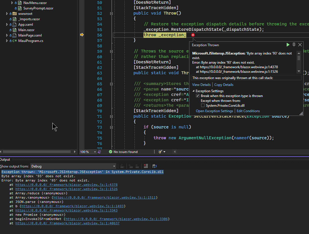 .net blazor maui Microsoft.JSInterop.JSException "Byte array index ...