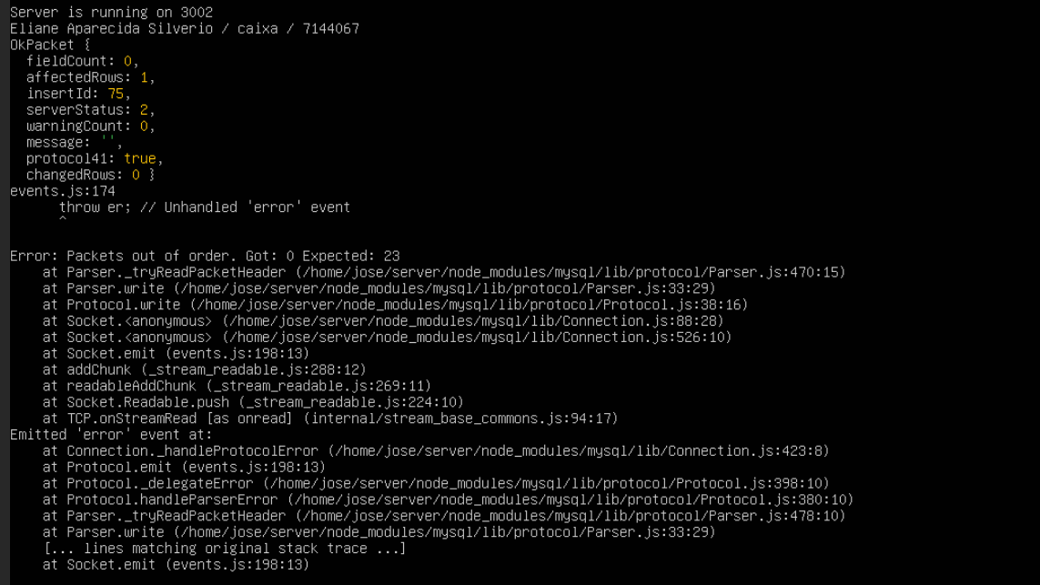nodejs error packets out of order. got 0 expected 22 · Issue #2 ...