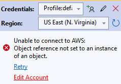Unable to Connect AWS: Object reference not set to an instance of an ...