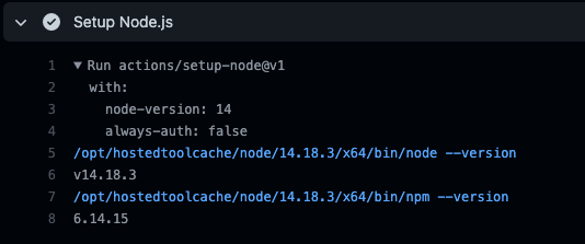 Setup Node.js versions screenshot from action