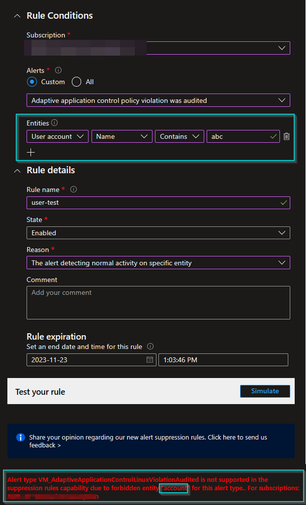 The suppression rule does not support user and file entities for