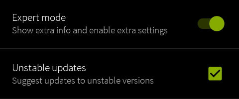 a cropped screenshot of the F-Droid settings. In particular, highlighting two settings, them being Expert Mode and Unstable Updates. Both are enabled.