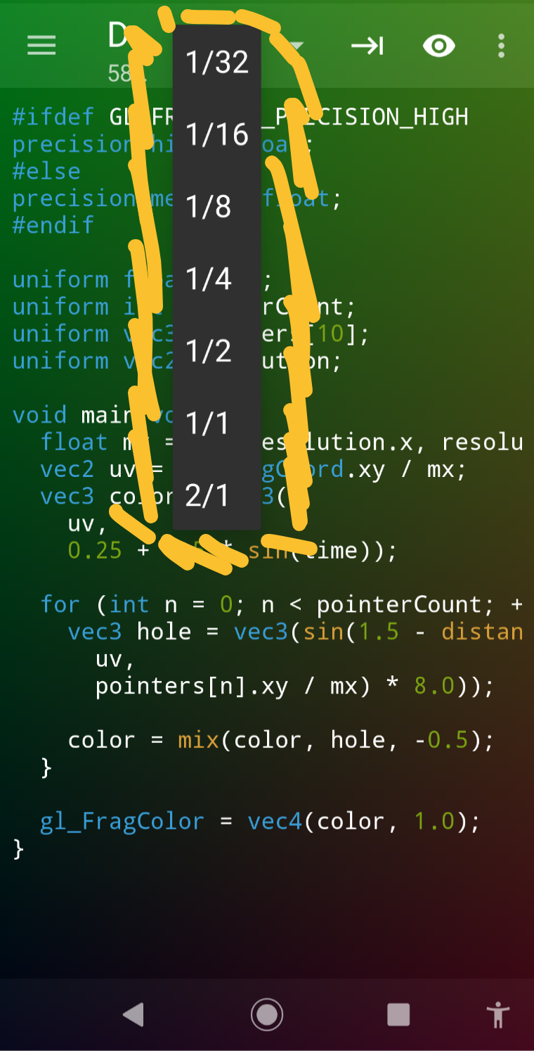 A screenshot of the application GLSL Shader Editor in F-Droid. in yellow, a list box is highlighted showing various divisions by multiples of 2 as options.