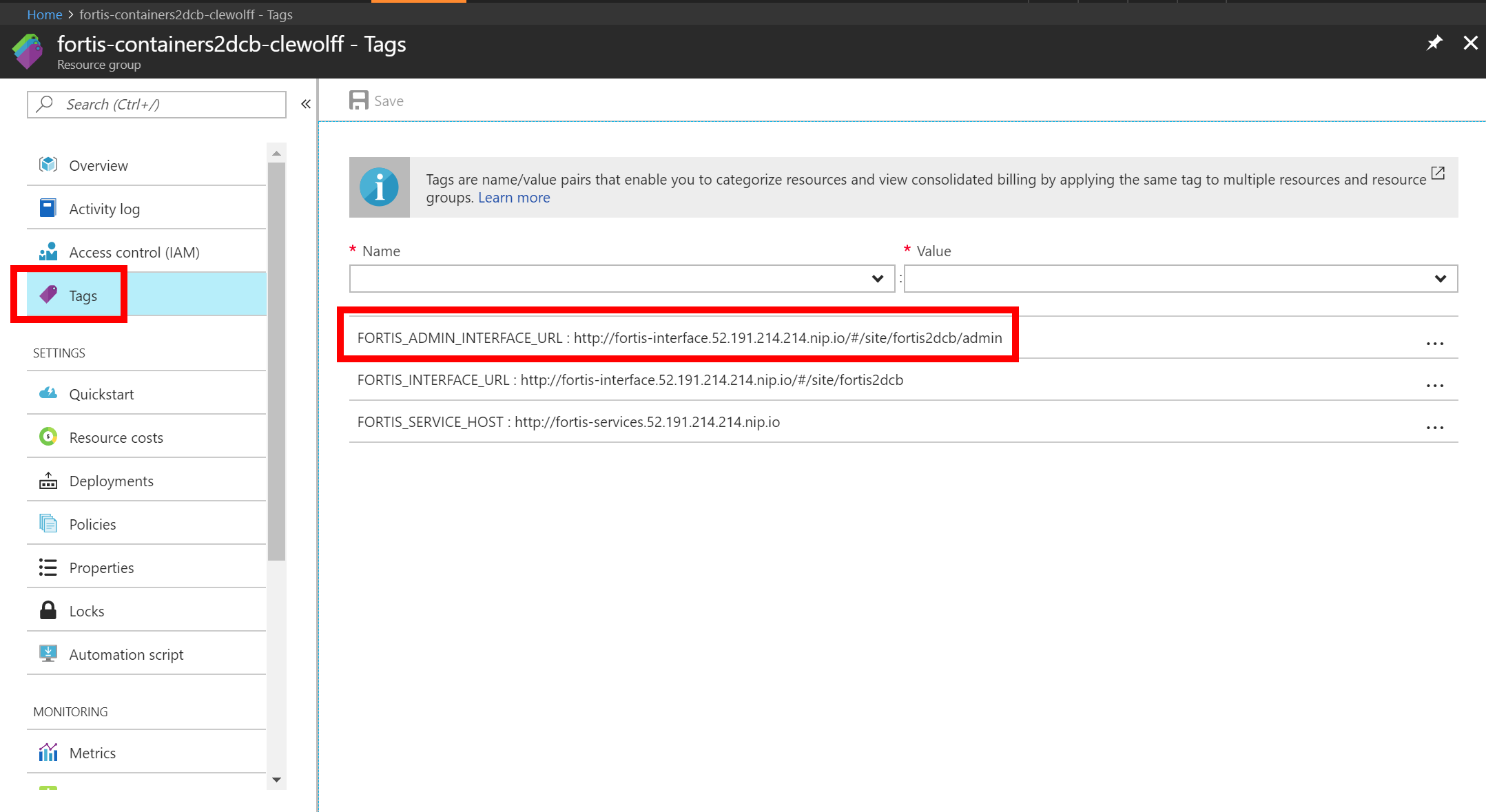 Screenshot of Azure portal with highlight of the Fortis admin site URL accessed via Azure Portal tags