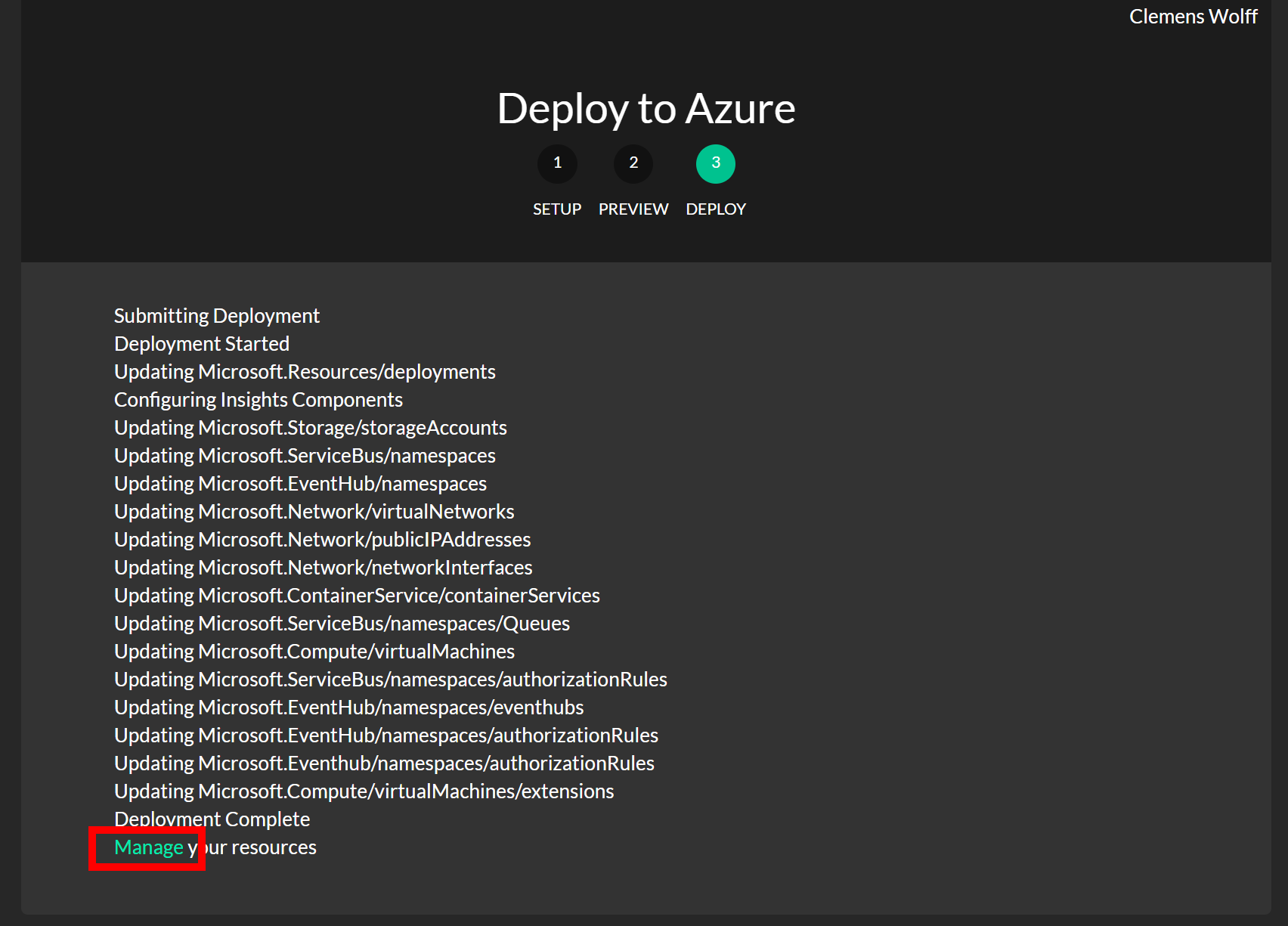 Screenshot of ARM template after successful deployment with highlight of management link to access the newly created resource group