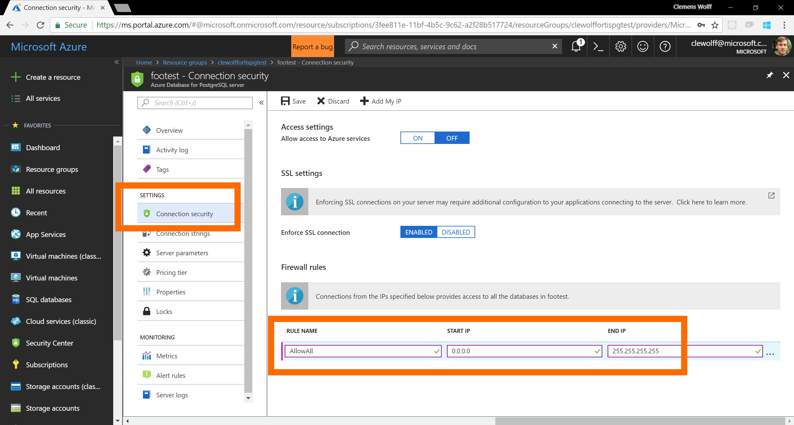 Screenshot showing Azure Databases for PostgreSQL firewall configuration