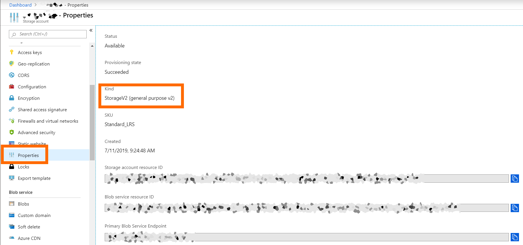 Screenshot showing Azure Storage account subtype