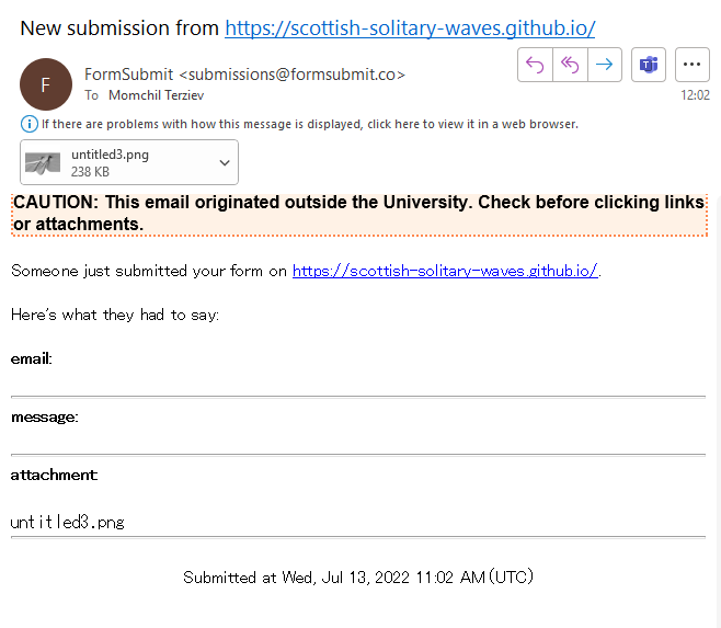 Example email recieved using the form