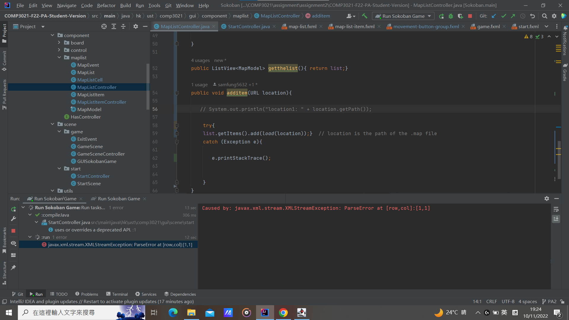 A problem about LoadException · CastleLab COMP3021-F22-PA-Student ...