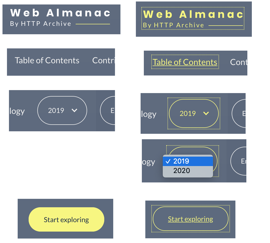 Screenshot of various components with and without focus outline styling