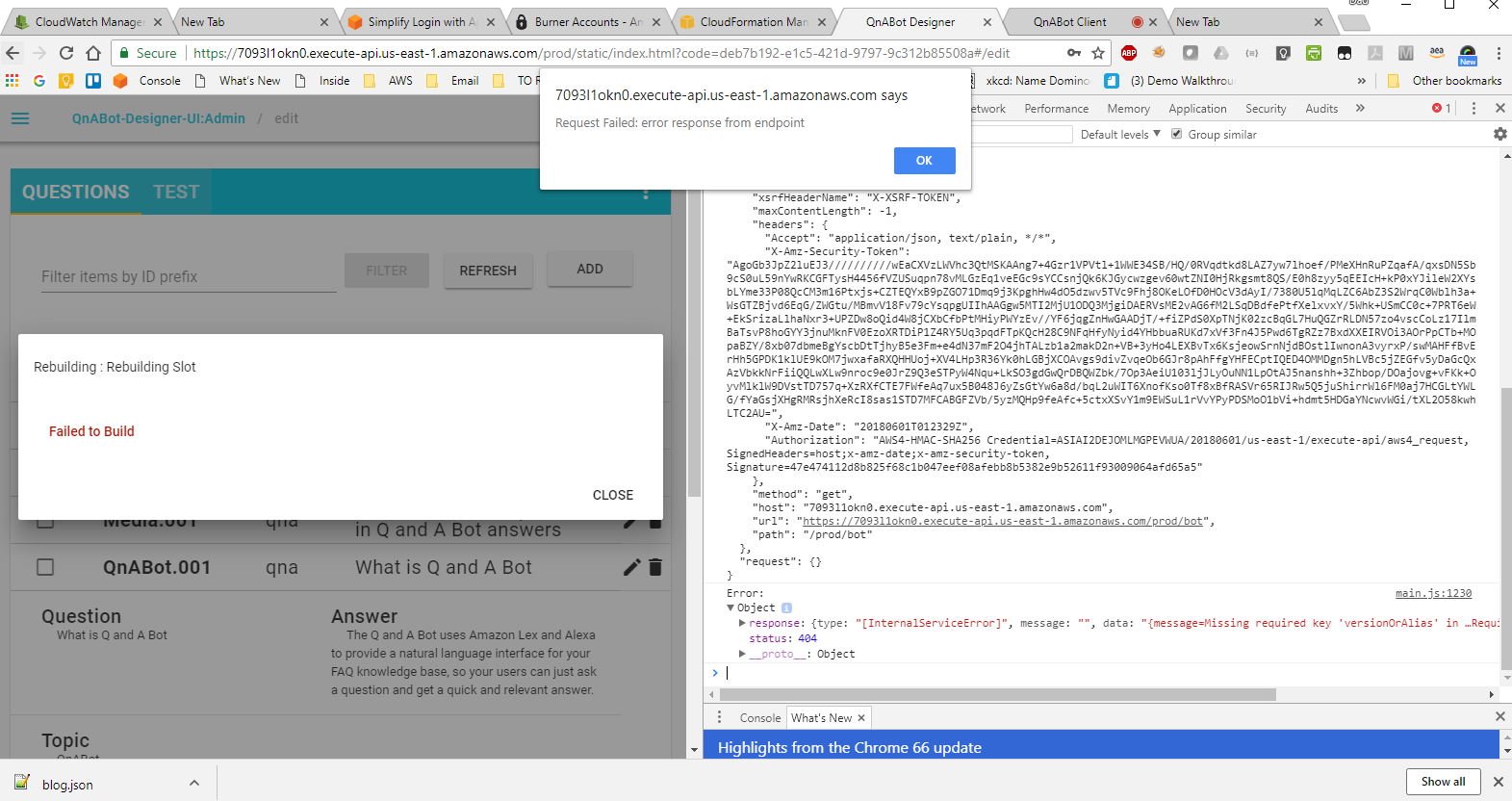 Lex Bot rebuild throws error on first launch Request Failed error