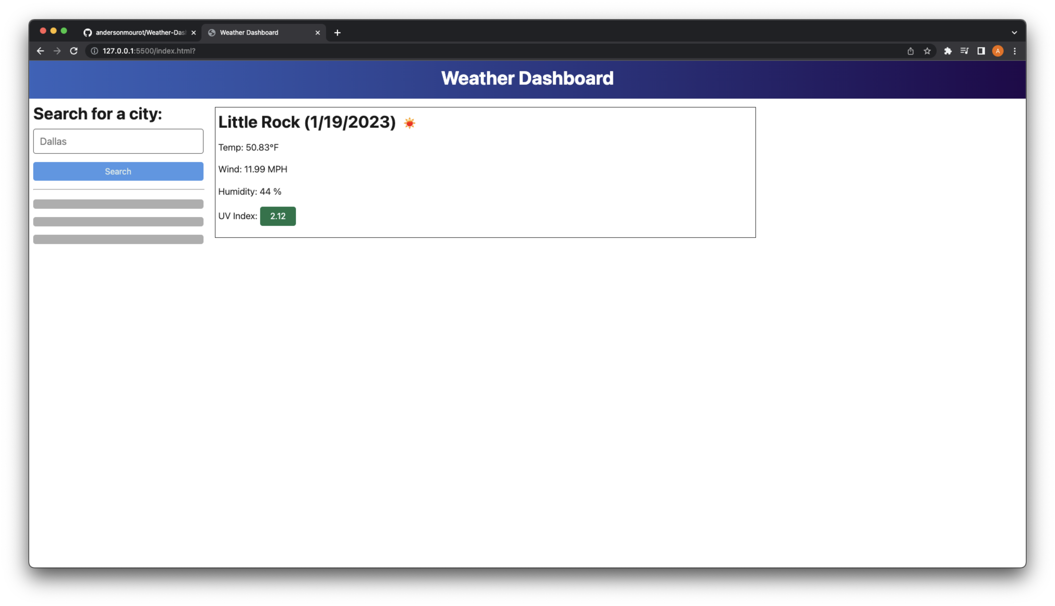 GitHub - andersonmourot/Weather-Dashboard: Online weather search engine ...