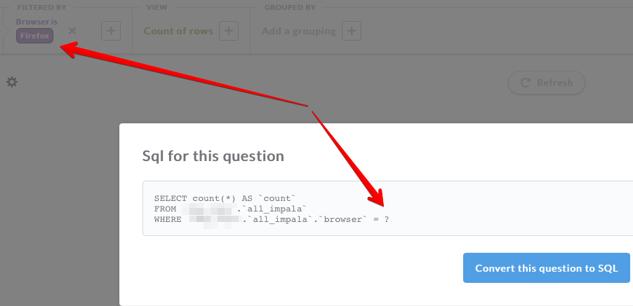 Values for text fields using in filters are replaced by "?" in SQL mode ...