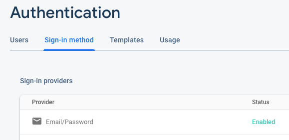 Firebase console with Email/Password enabled.