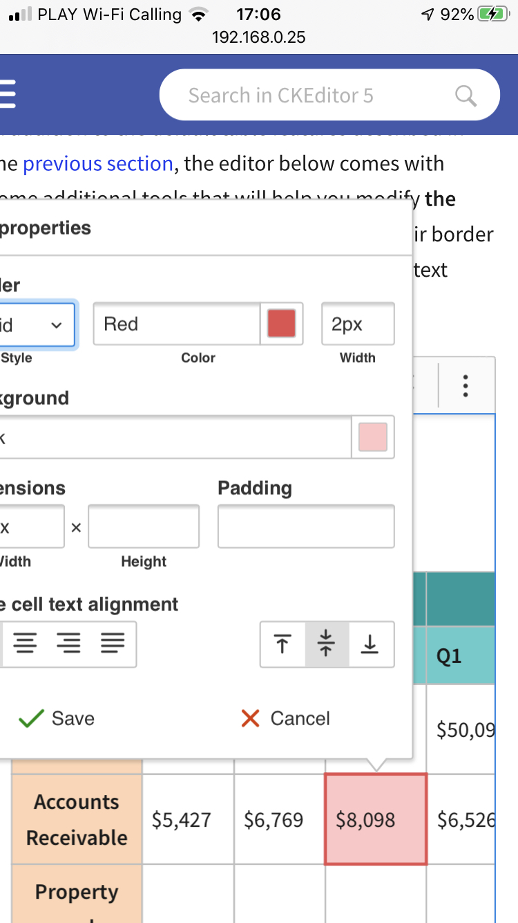 Table cell properties is displayed off screen on mobile devices · Issue
