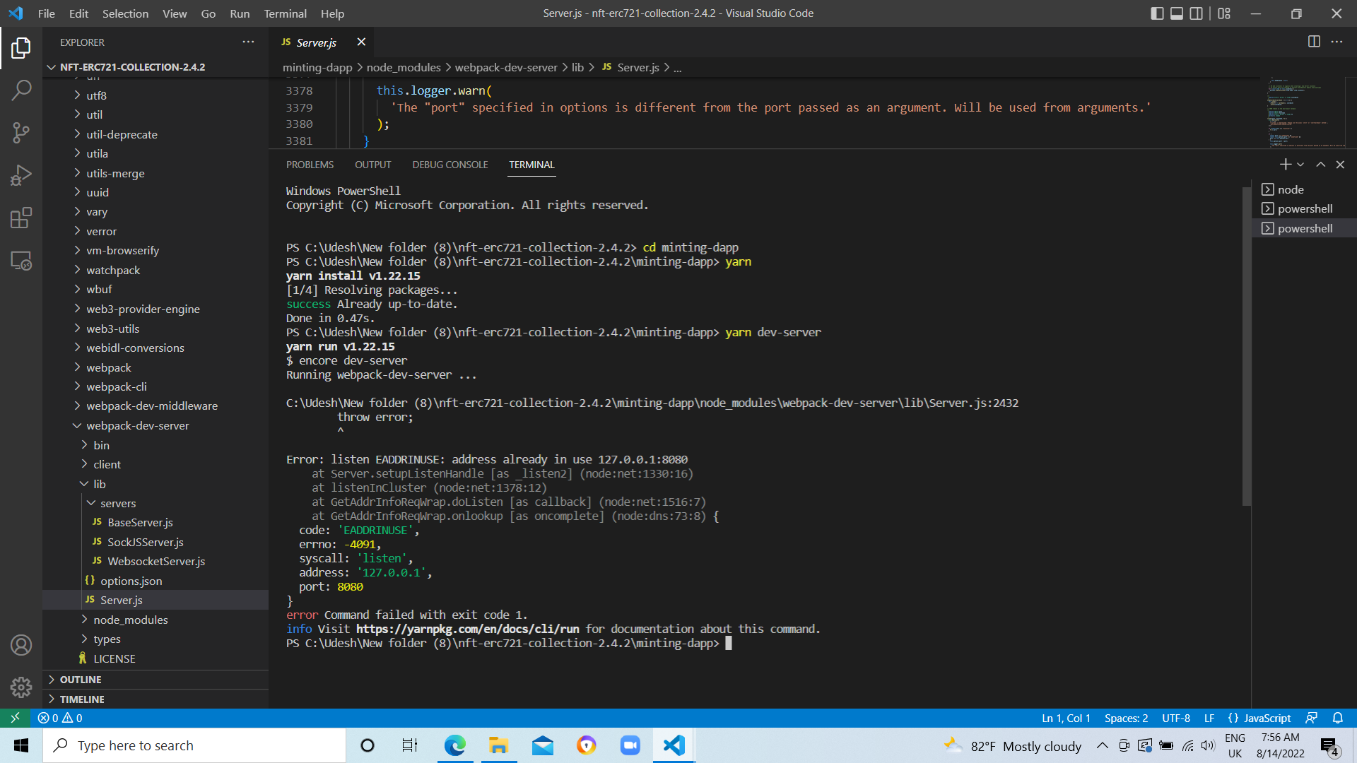 yarn run dev is not working · Issue 382 · hashlipslab/nfterc721
