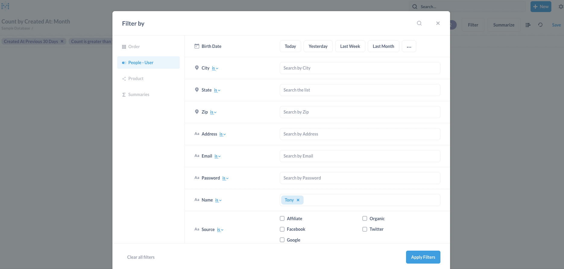 Modal filtering doesn't work on joined table when Question has a filter