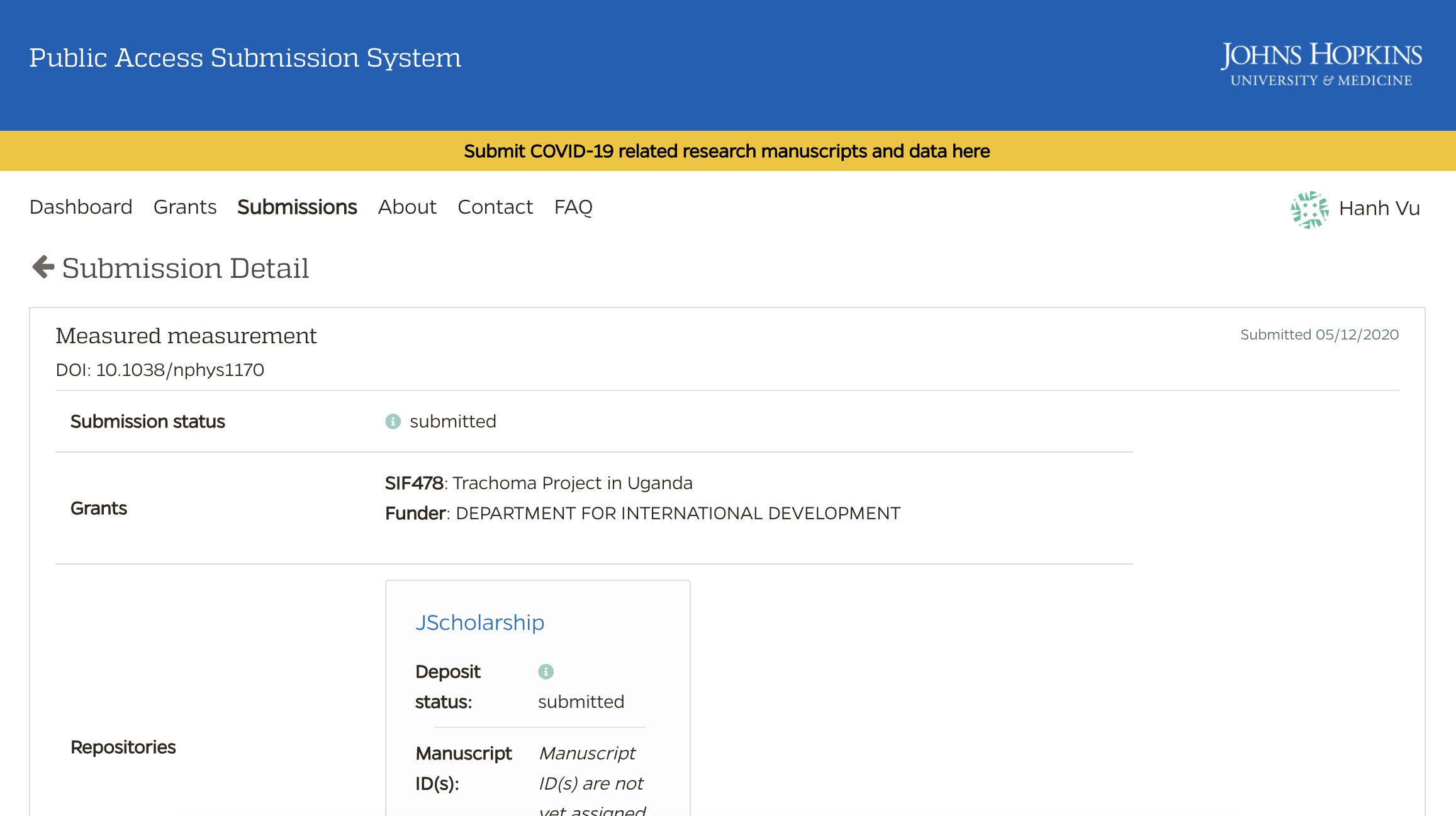 Indicate a manuscript was submitted as a COVID manuscript in the ...