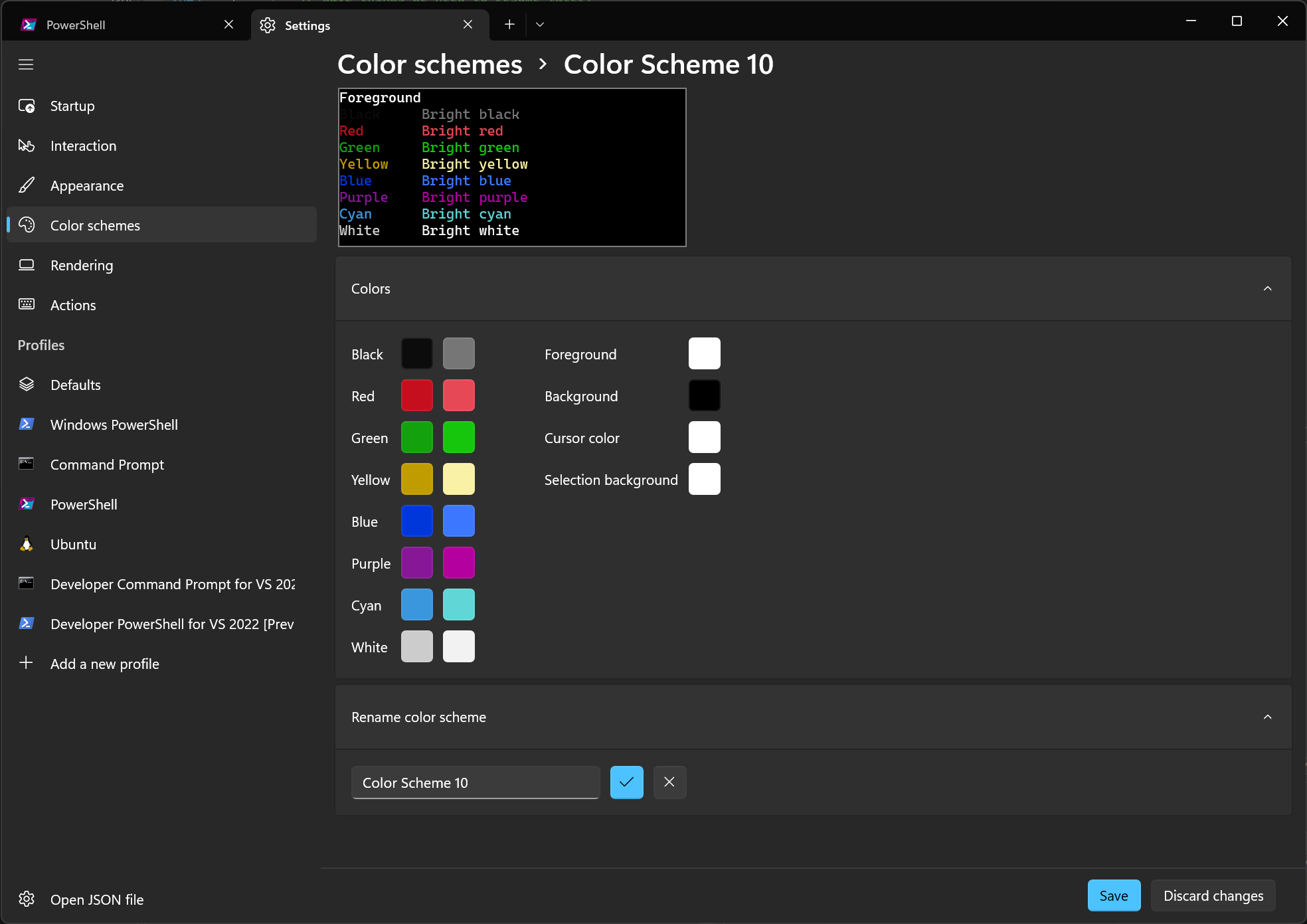 color schemes editor page