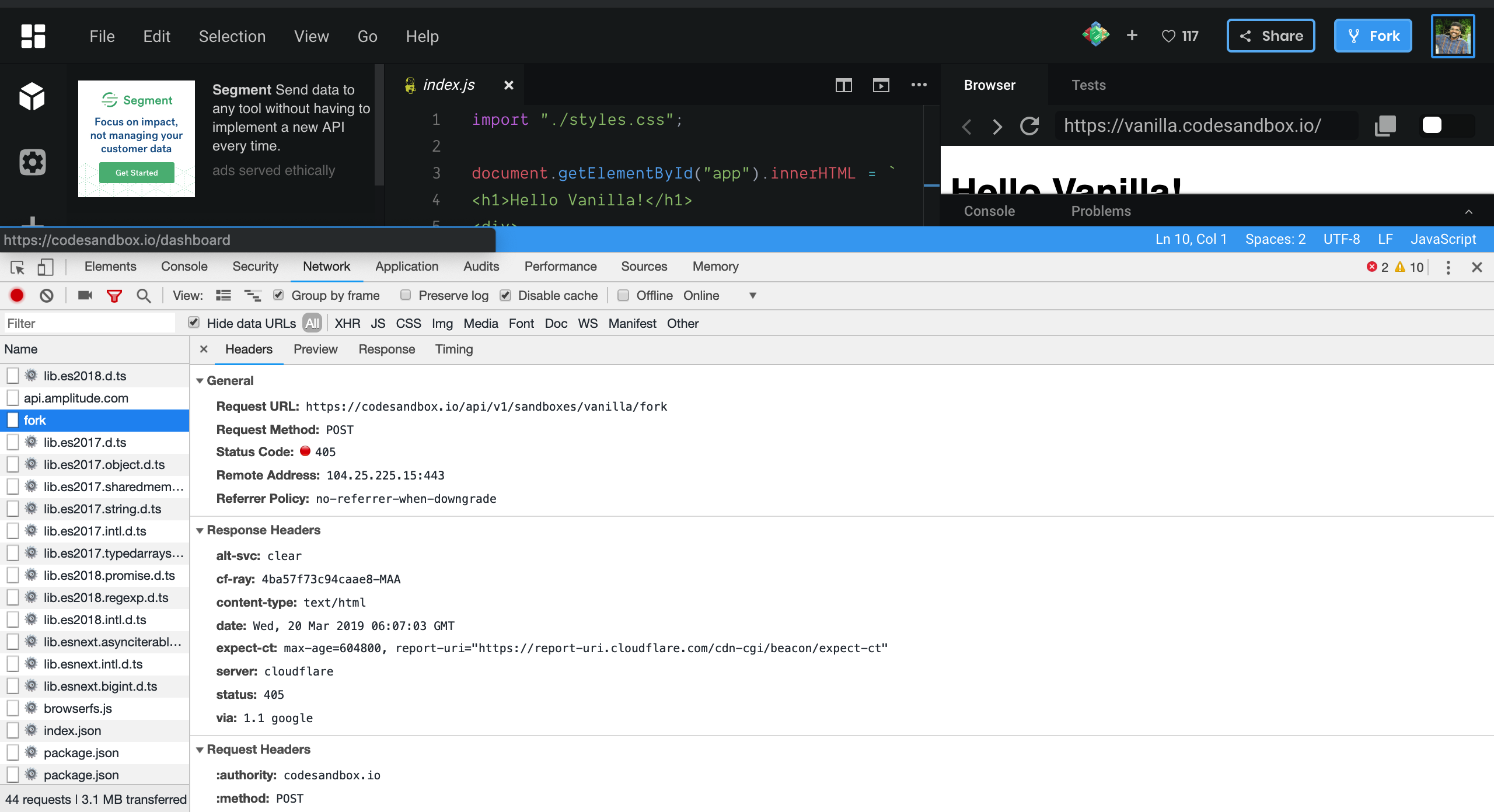 Forking a Vanilla Js template is returning 405 · Issue 1623