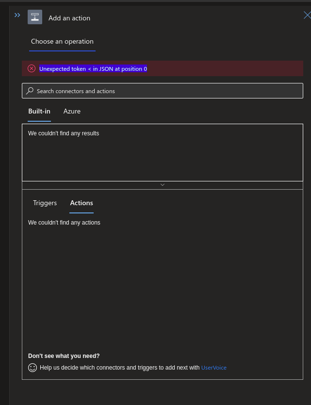 In VS Code BuiltIn Operations list is empty and throws error