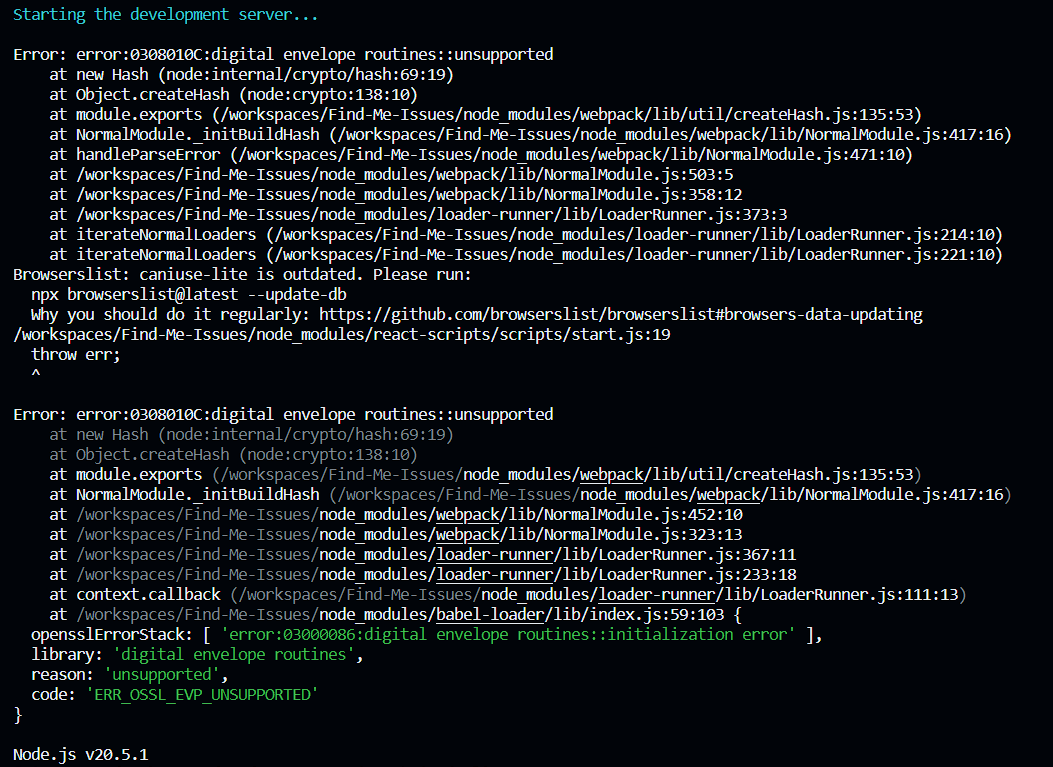 Throwing error during starting the server in codespace (Unsupported and