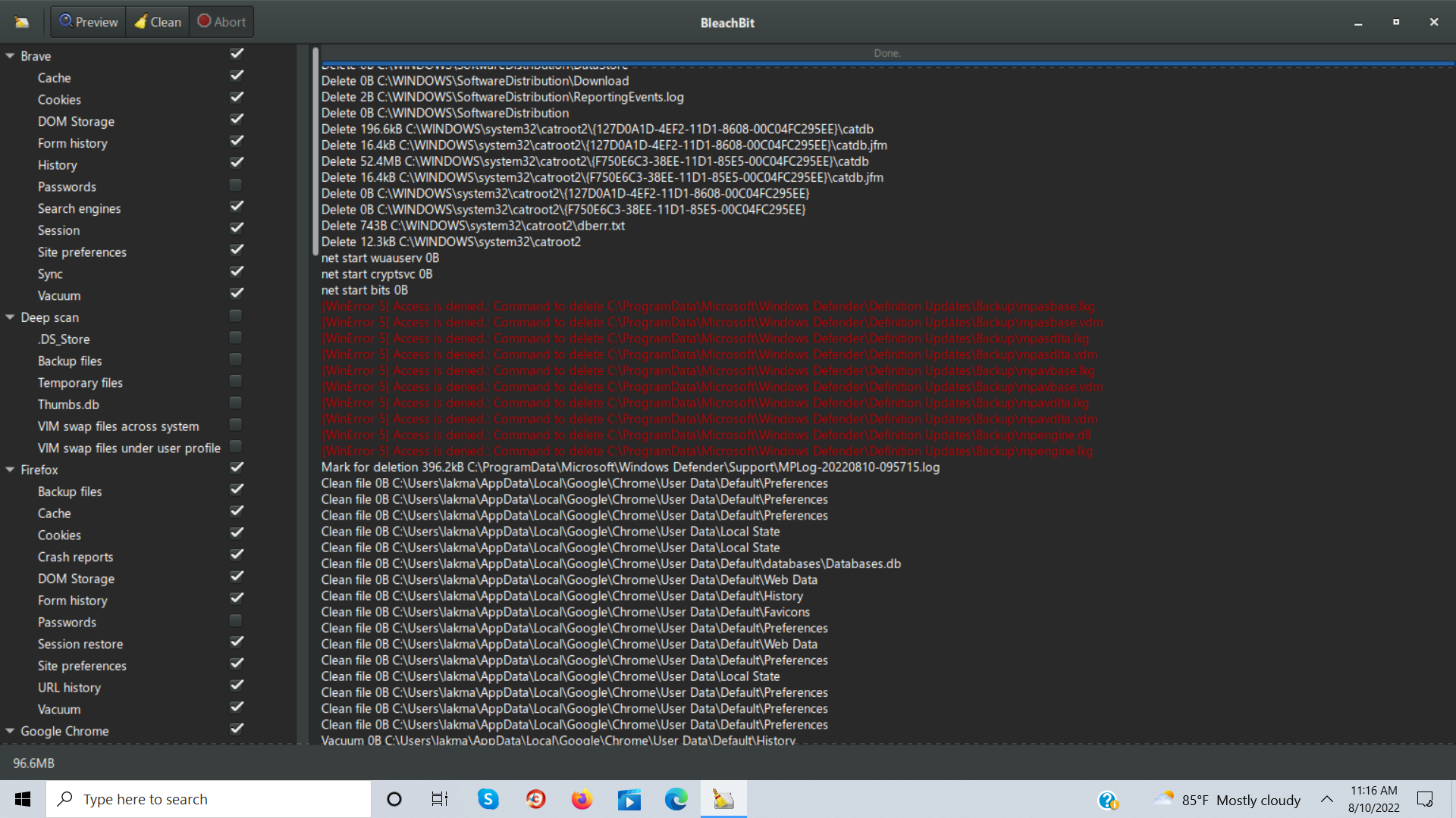 Windows Defender denied access for Bleachbit to delete new problem