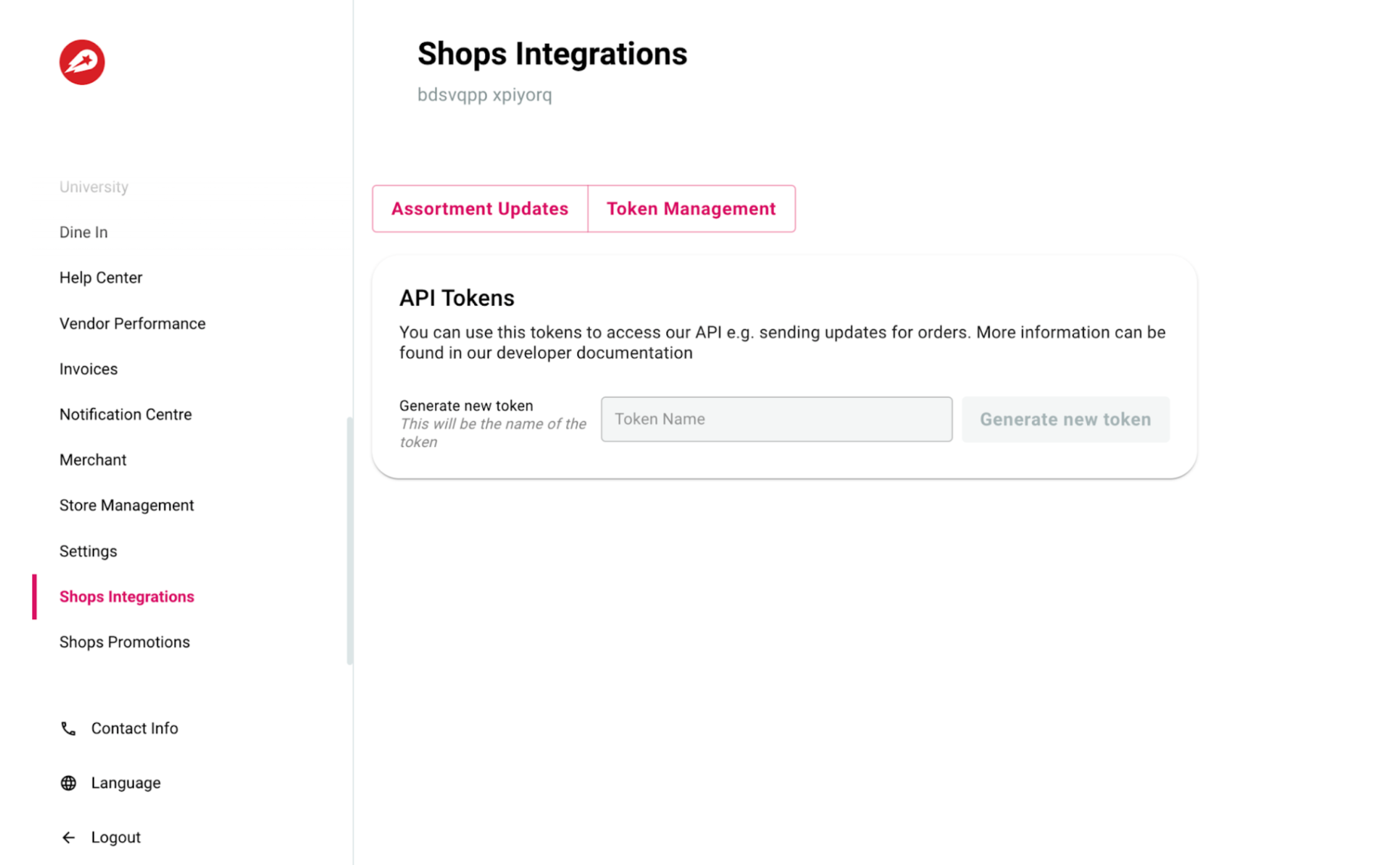 Vendor Portal Shops Integrations Tab