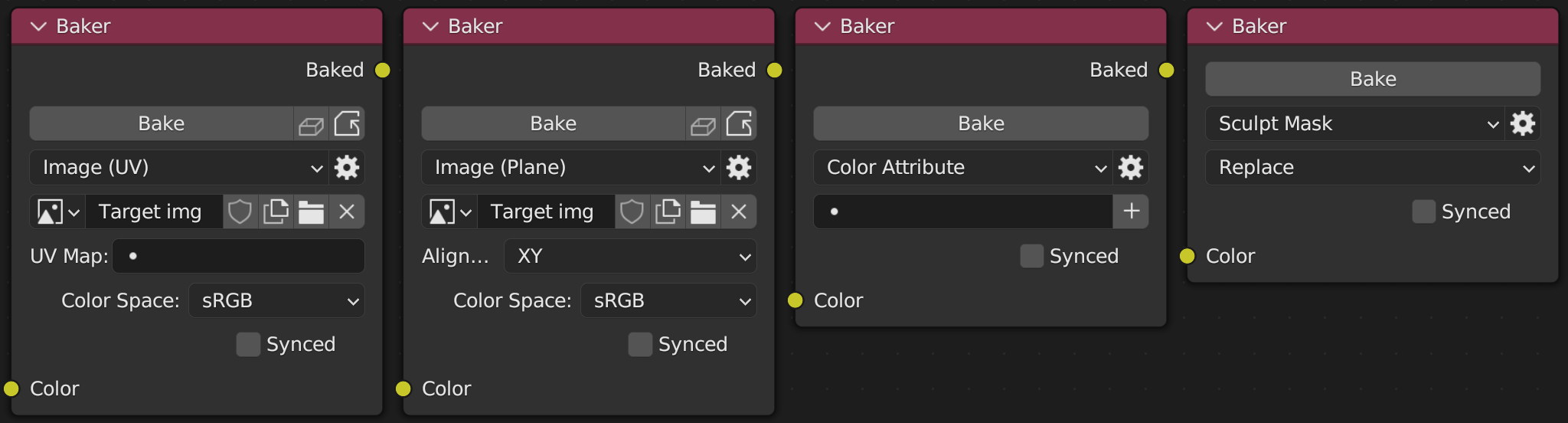Four baker nodes with different target types
